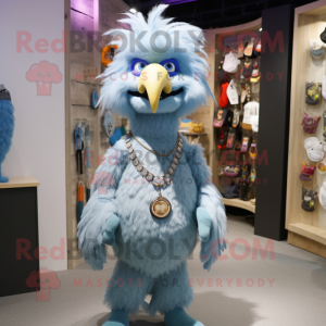 Sky Blue Rooster mascot costume character dressed with a Henley Tee and Necklaces
