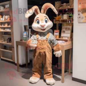 Tan Rabbit mascot costume character dressed with a Overalls and Tie pins