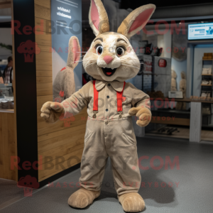 Tan Rabbit mascot costume character dressed with a Overalls and Tie pins