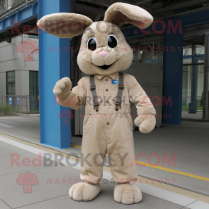 Tan Rabbit mascot costume character dressed with a Overalls and Tie pins