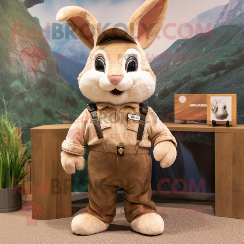 Tan Rabbit mascot costume character dressed with a Overalls and Tie pins