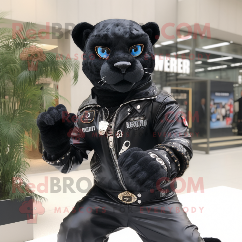 nan Panther mascot costume character dressed with a Leather Jacket and Digital watches