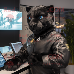 nan Panther mascot costume character dressed with a Leather Jacket and Digital watches