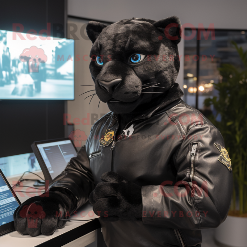 nan Panther mascot costume character dressed with a Leather Jacket and Digital watches nan Panther mascot costume character dressed with a Leather Jacket and Digital watches