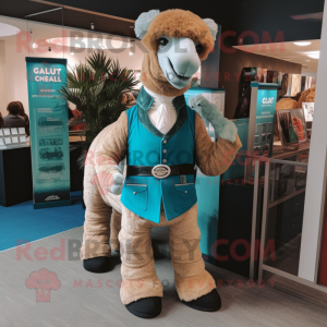 Teal Camel mascot costume character dressed with a Waistcoat and Cufflinks