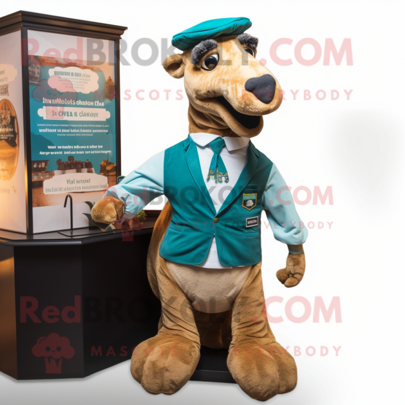 Teal Camel mascot costume character dressed with a Waistcoat and Cufflinks