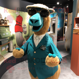 Teal Camel mascot costume character dressed with a Waistcoat and Cufflinks