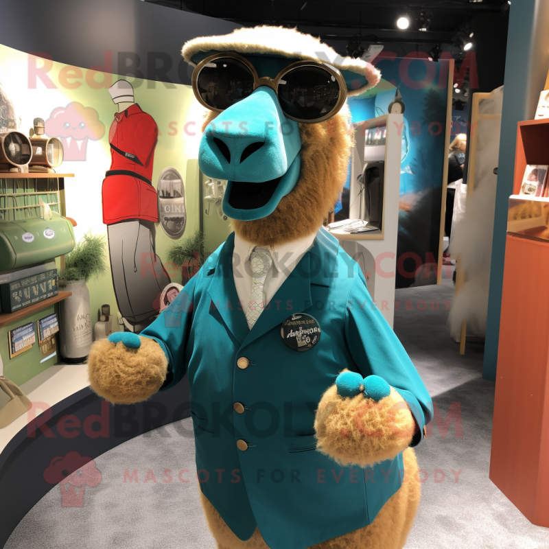 Teal Camel mascot costume character dressed with a Waistcoat and Cufflinks