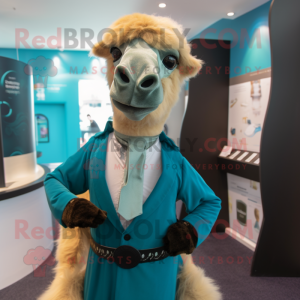 Teal Camel mascot costume character dressed with a Waistcoat and Cufflinks