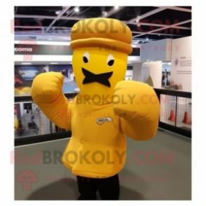 Gold Boxing Glove mascot costume character dressed with a Coat and Berets