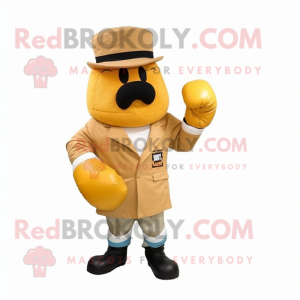 Gold Boxing Glove mascot costume character dressed with a Coat and Berets