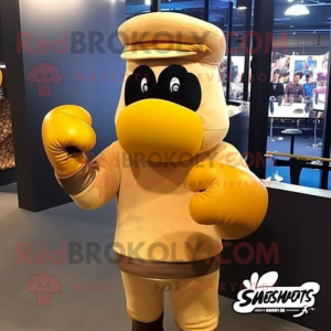 Gold Boxing Glove mascot costume character dressed with a Coat and Berets