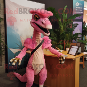 Pink Deinonychus mascot costume character dressed with a Romper and Cummerbunds