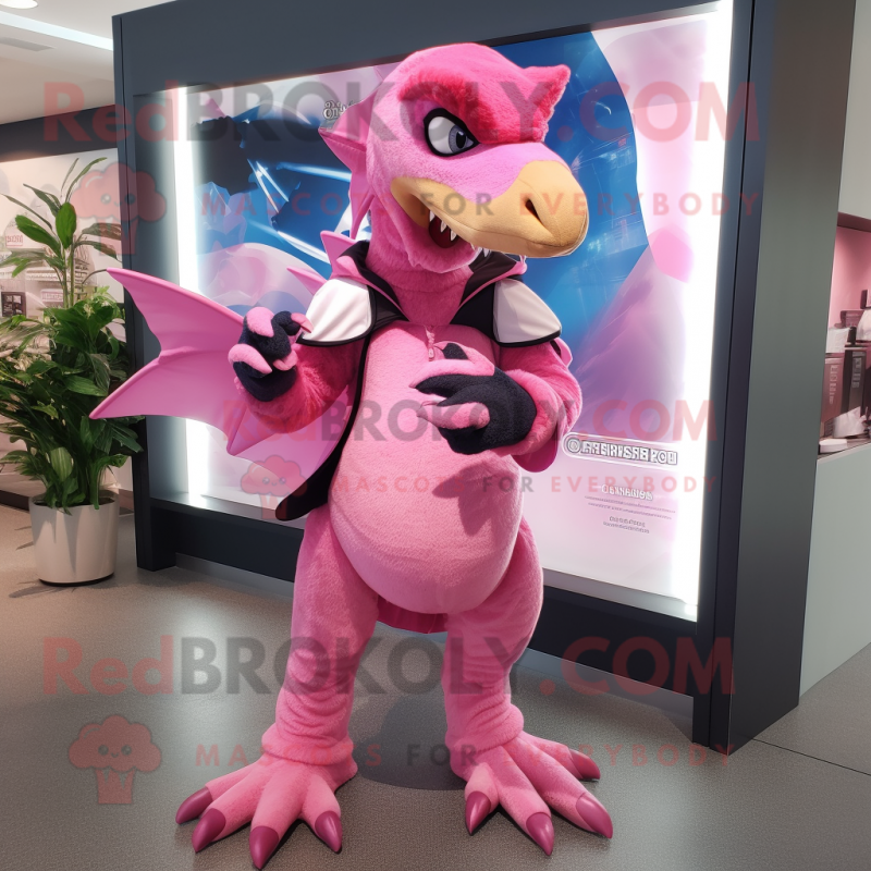 Pink Deinonychus mascot costume character dressed with a Romper and Cummerbunds