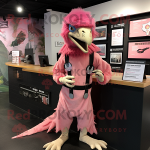 Pink Deinonychus mascot costume character dressed with a Romper and Cummerbunds