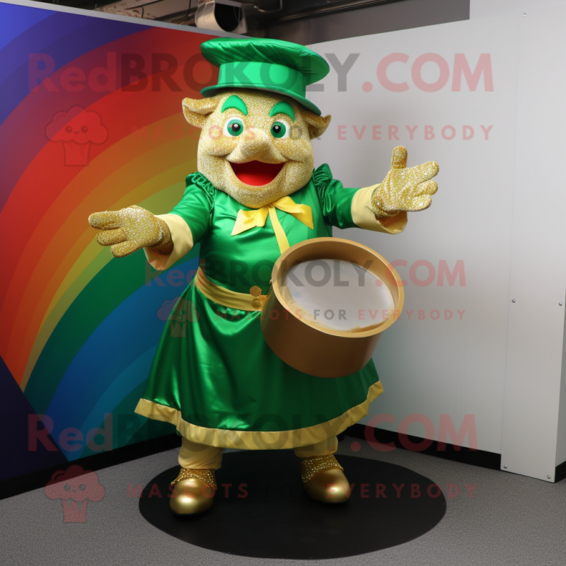 nan Pot Of Gold mascot costume character dressed with a A-Line Skirt and Cufflinks nan Pot Of Gold mascot costume character dressed with a A-Line Skirt and Cufflinks