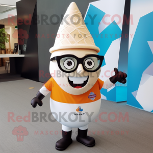 White Ice Cream Cone mascot costume character dressed with a Graphic Tee and Eyeglasses