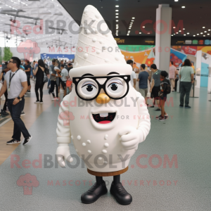 White Ice Cream Cone mascot costume character dressed with a Graphic Tee and Eyeglasses