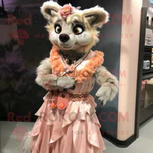 Peach Hyena mascot costume character dressed with a Empire Waist Dress and Belts