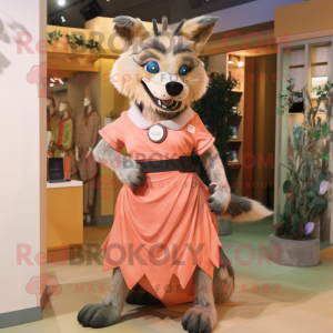 Peach Hyena mascot costume character dressed with a Empire Waist Dress and Belts