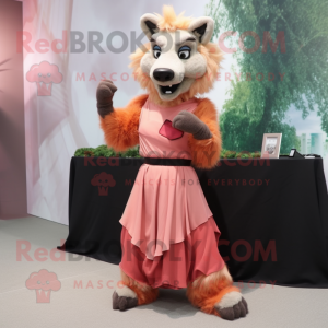 Peach Hyena mascot costume character dressed with a Empire Waist Dress and Belts