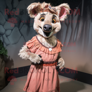 Peach Hyena mascot costume character dressed with a Empire Waist Dress and Belts