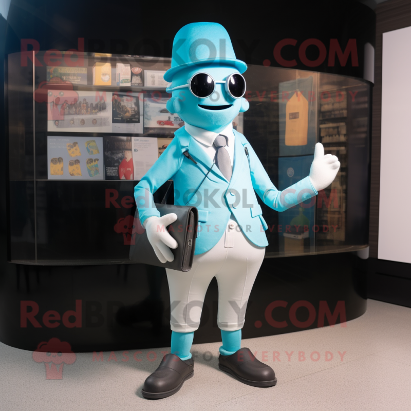 Cyan Attorney mascot costume character dressed with a Trousers and Messenger bags Cyan Attorney mascot costume character dressed with a Trousers and Messenger bags