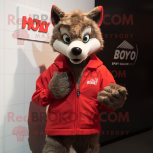 Red Say Wolf mascot costume character dressed with a Jacket and Digital watches