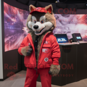 Red Say Wolf mascot costume character dressed with a Jacket and Digital watches
