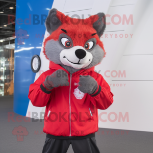 Red Say Wolf mascot costume character dressed with a Jacket and Digital watches