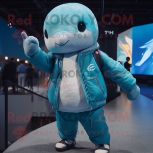 Cyan Narwhal mascot costume character dressed with a Bomber Jacket and Mittens