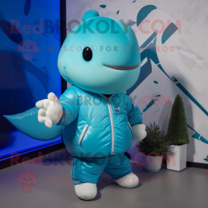 Cyan Narwhal mascot costume character dressed with a Bomber Jacket and Mittens