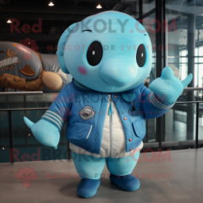 Cyan Narwhal mascot costume character dressed with a Bomber Jacket and Mittens