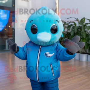 Cyan Narwhal mascot costume character dressed with a Bomber Jacket and Mittens