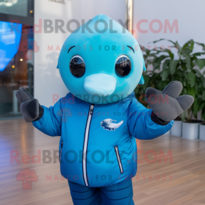 Cyan Narwhal maskot kostume...