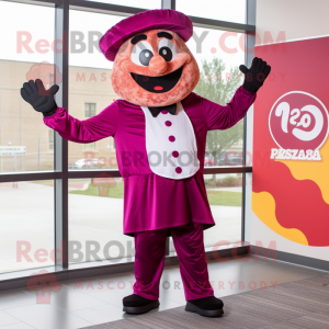 Magenta Pizza mascot costume character dressed with a Dress Shirt and Gloves