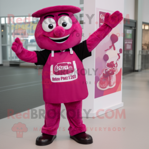 Magenta Pizza mascot costume character dressed with a Dress Shirt and Gloves