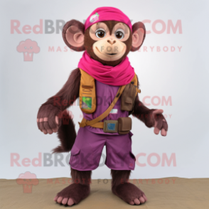 Magenta Capuchin Monkey mascot costume character dressed with a Cargo Shorts and Scarf clips