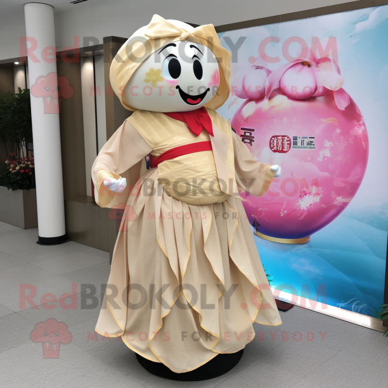 Tan Dim Sum mascot costume character dressed with a Maxi Dress and Cummerbunds Tan Dim Sum mascot costume character dressed with a Maxi Dress and Cummerbunds