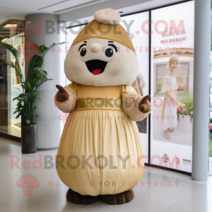 Tan Dim Sum mascot costume character dressed with a Maxi Dress and Cummerbunds