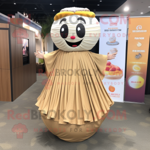 Tan Dim Sum mascot costume character dressed with a Maxi Dress and Cummerbunds