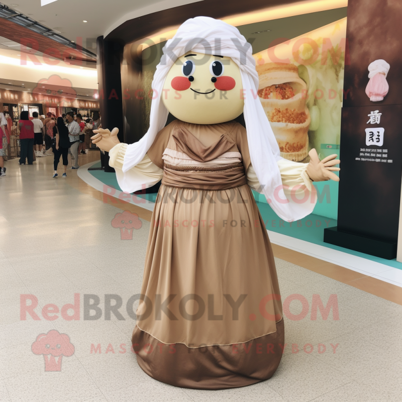 Tan Dim Sum mascot costume character dressed with a Maxi Dress and Cummerbunds Tan Dim Sum mascot costume character dressed with a Maxi Dress and Cummerbunds