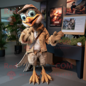 Tan Archeopteryx mascot costume character dressed with a Mom Jeans and Lapel pins