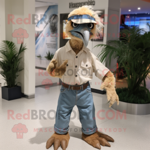 Tan Archeopteryx mascot costume character dressed with a Mom Jeans and Lapel pins