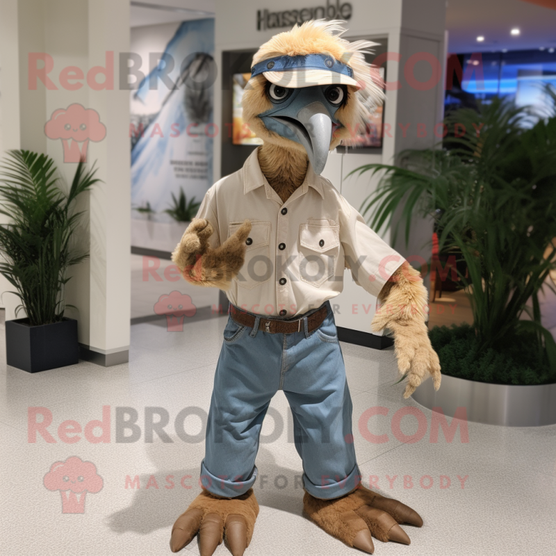 Tan Archeopteryx mascot costume character dressed with a Mom Jeans and Lapel pins Tan Archeopteryx mascot costume character dressed with a Mom Jeans and Lapel pins