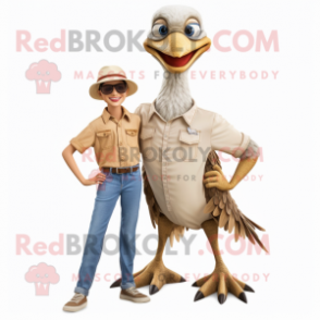 Tan Archeopteryx mascot costume character dressed with a Mom Jeans and Lapel pins