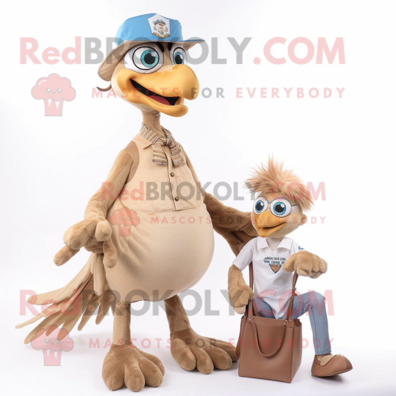 Tan Archeopteryx mascot costume character dressed with a Mom Jeans and Lapel pins Tan Archeopteryx mascot costume character dressed with a Mom Jeans and Lapel pins