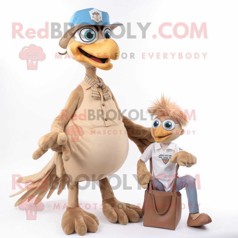 Tan Archeopteryx mascot costume character dressed with a Mom Jeans and Lapel pins