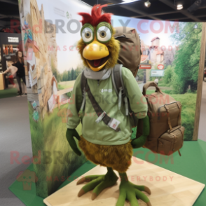 Olive Rooster mascot costume character dressed with a Long Sleeve Tee and Backpacks