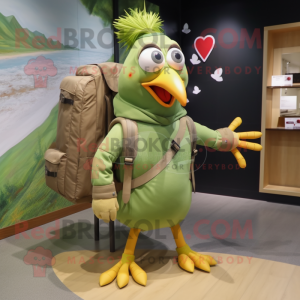 Olive Rooster mascot costume character dressed with a Long Sleeve Tee and Backpacks